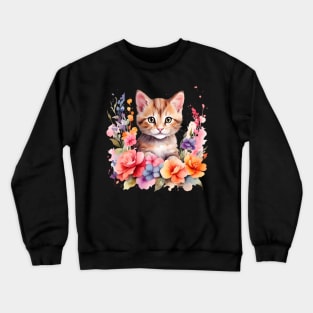 A kitten decorated with beautiful watercolor flowers Crewneck Sweatshirt